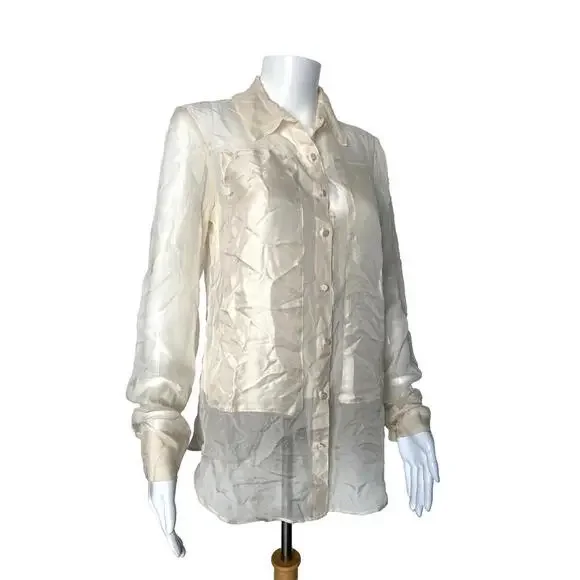 Elizabeth And James S/M Sheer Cream Long Sleeves Silk Blouse Top Tunic Small - Picture 3 of 9